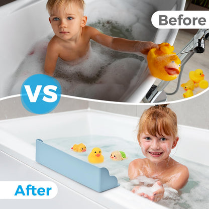 Weeme Bathtub Splash Guard, Silicone Bath Caddy Tray with 4 Suction Cups, Kids Toy Holder and Organizer Shelf for Toddler Tub Accessories (Blue)