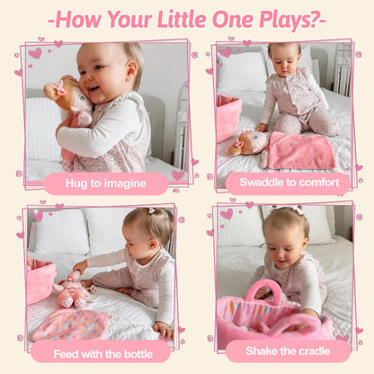 OUOZZZ Baby Doll Accessories with Soft Doll, Bassinet, Blanket and Bottle, Interactive Pretend Playset for Social Emotional Learning, Toy for 2 Year Old Girls