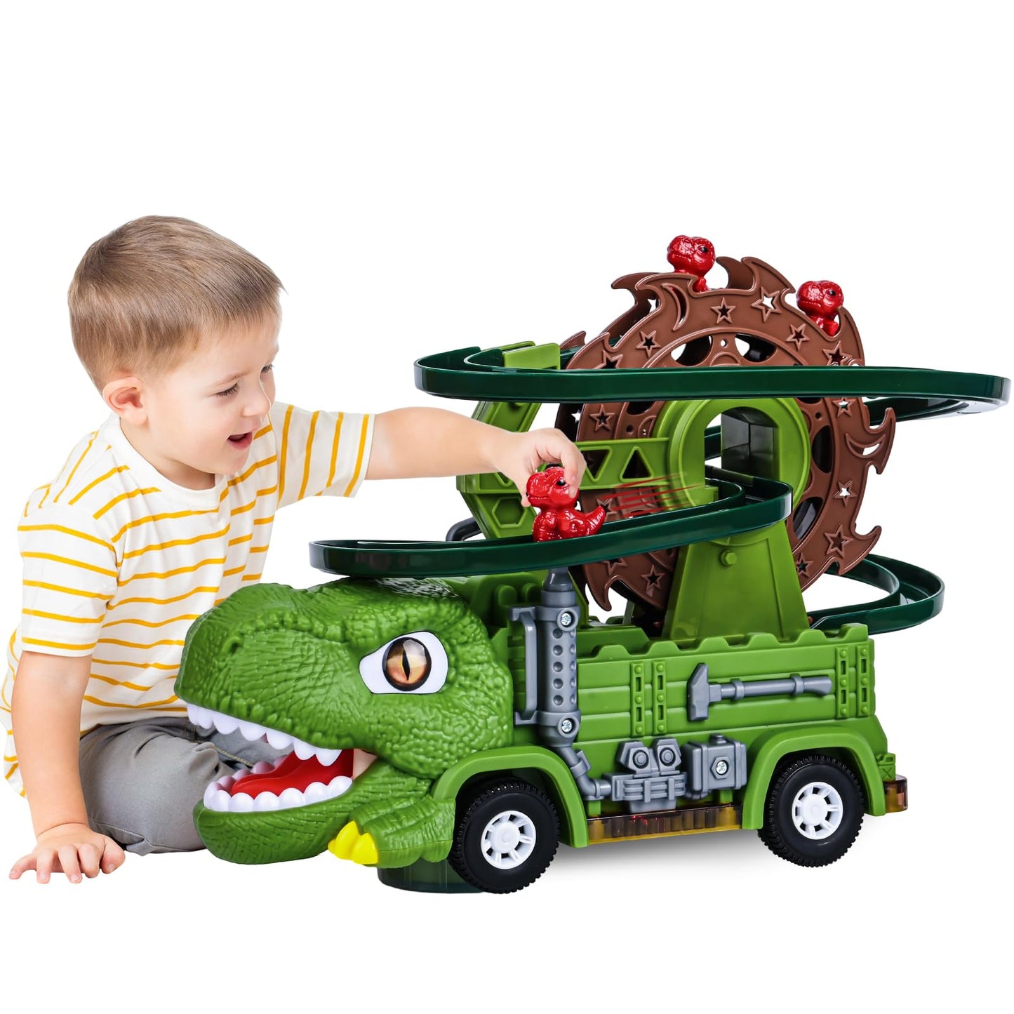 Tyyseis Dinosaur Toys for Kids,2 in 1 Dinosaur Truck Set wiht Nonstop Sliding Baby Dinos On Tracks,Auto Avoids Obstacles Toddlers Crawling Toys,Birthday Gifts with Music Lights for 3 4 5 Year Old Boys