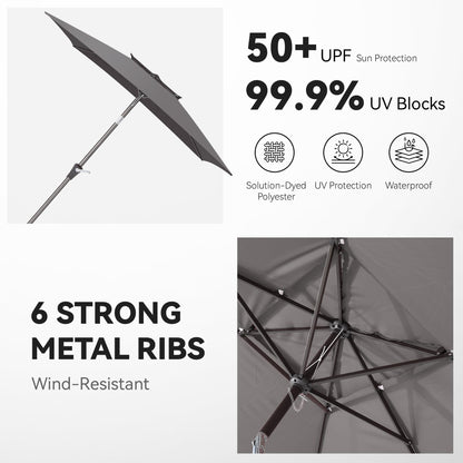6.6 x 10 ft Rectangular Patio Umbrella, Outdoor Market Table Umbrella with Push Button Tilt and Crank, Double-Tier Vent, 6 Ribs, Rectangle Patio Umbrella for Backyard, Deck, Pool, Fits 4–6 Chairs and Tables (Grey)
