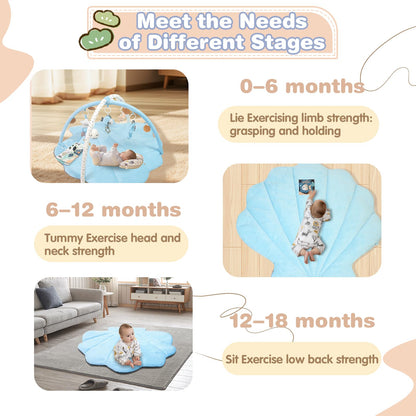 Baby Play Gym Mat, Oversize Tummy Time Activity Mat for Babies 0-6 Months, Shells Baby Play Mat with 6 Detachable Toys, Baby Essentials Mat for Floor Sensory Exploration Motor Skill Development (Blue)