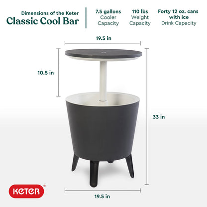 Keter Modern Cool Bar Outdoor Patio Furniture and Hot Tub Side Table with 7.5 Gallon Beer and Wine Cooler, Dark Grey