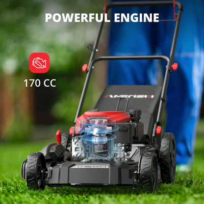 AMERISUN Self-Propelled Gas Lawn Mower, 170cc OHV Engine with High-Velocity Cooling, 21" Steel Deck, 1.4-Bushel Grass Catcher, 6-Position Height Adjustment, 3-in-1 Mulching & Discharge System