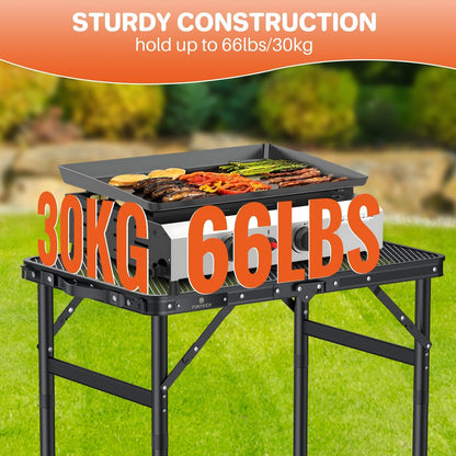 FUNYKICH Folding Grill Table for Outside, 3 Height Adjustable Portable Camping Tables, Lightweight Metal Aluminum Outdoor Table with Portable Handle for Camping, Picnic, BBQ, 23''x16'', Black