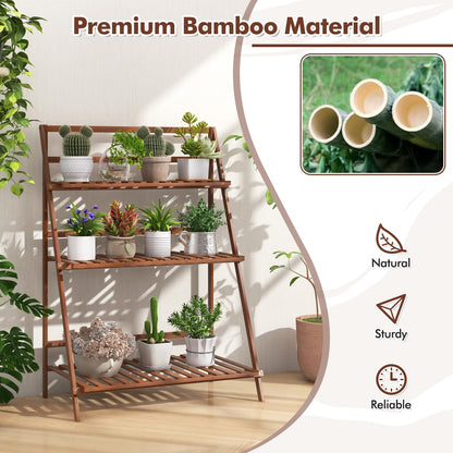 DREAMADE Plant Stand, 3 Tier Bamboo Ladder Plant Stand with Foldable Design, Anti-falling Crossbar, Freestanding Plant Shelf for Indoor Outdoor, Living Room Balcony Patio Garden