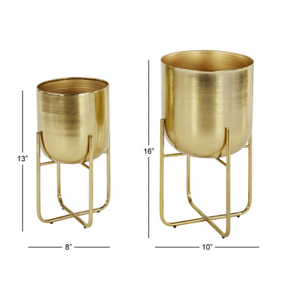 Deco 79 Metal Indoor Outdoor Planter Brushed Dome Large Planter Pot with Curved X-Shaped Bases, Set of 2 Planters 16", 13"H, Gold