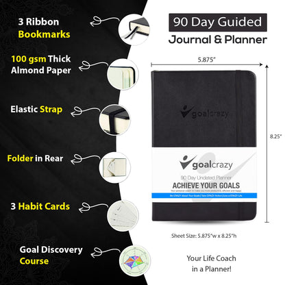 Undated Planner – 90 Day Guided Journal & Productivity Organizer, A5 Daily & Weekly Planner 2025 2026 with Goal Setting, Habit Tracker, To Do List, Academic & Work Calendar, Leather Hardcover - Black