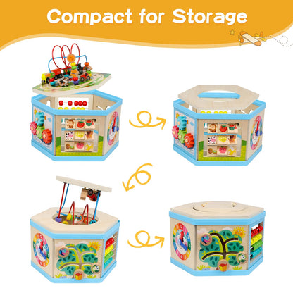 Wooden Activity Cube 9-in-1 Montessori Toys for 1+ Year Old Boys Girls Educational Learning Toys for Toddlers Age 1-2 One Year Old First Birthday Gift Bead Maze Magnetic Trains Track Shape Sorter