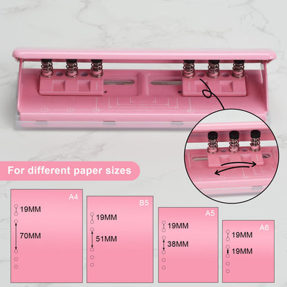 Adjustable 6-Hole Punch - Metal Hole Puncher for A4/A5/A6, Personal & Pocket Planners - 6-Ring Binder Puncher 6-Sheet Capacity, Non-Slip Base, with Ruler & Hole Guide (Pink)
