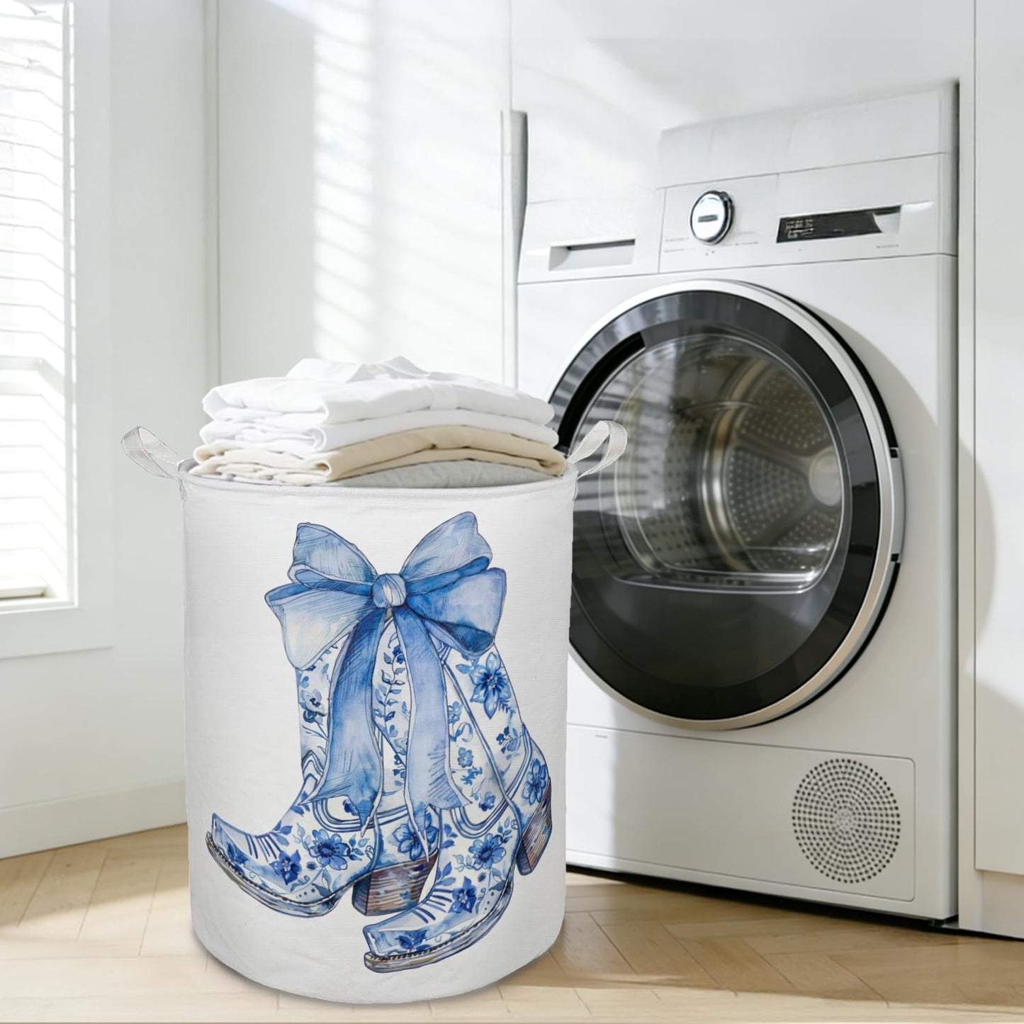 TAZSWDMM Chinoiserie Bow Western Cowgirl Boots Laundry Basket Hamper, Blue and White Cowgirl Foldable Clothes Toys Books Storage Box Bins Baskets Organizer for Girls Room Bathroom Home