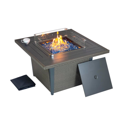 Kinger Home Ethan Rattan 42-Inch Propane Gas Fire Pit Table, Outdoor Patio Firepit, 50,000 BTU, Includes Wind Guard & Fire Glass