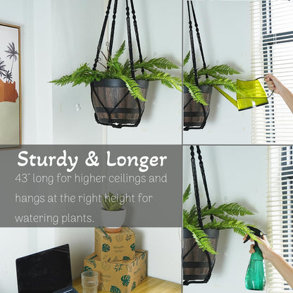 Bouqlife Large Macrame Plant Hanger Black 43 Inch Long for up to 12 Inch Pot No Tassel Cotton Rope Hanging Basket Plant Holder with Heavy Duty Ceiling Hooks