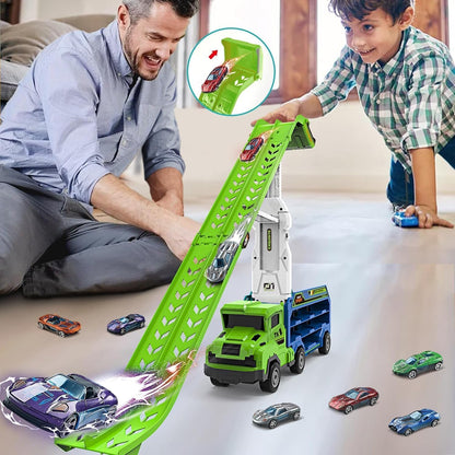 Toddler Car Truck Toys,Car Carrier Truck Toys for Kids Age 3-5 4-8,Foldable Car Track Sets with 2.8-Ft Race Track and 6 Die-Cast Race Cars, Truck Toys Gifts for 3 4 5 6 7 8+ Year Old Boys Girls(Green)