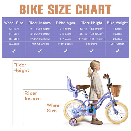 RULLY 16 Inch Kids Bike for Girls, Children’s Bicycle with Training Wheels, Basket & Doll Seat, Adjustable Seat Height, Toddler Bike for Ages 4–7 – Purple
