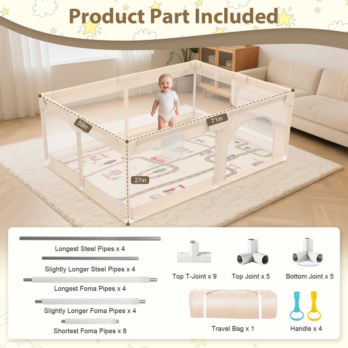 71 x 59 Baby Play Pen with Mat - Indoor & Outdoor Playpen for Babies and Toddlers - Extra Large Play Yards with Soft Foam & Sturdy Bottom Suction Cups - Toddler Baby Play Yard with Gate(Apricot)