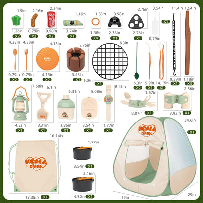 KOALA DIARY Kids Camping Set – an Indoor/Outdoor Pretend Play Adventure kit Featuring a Tent, Oil lamp, Stove, and More. Perfect for Ages 3+