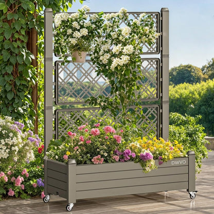 DWVO 3.6 x 1.5 x 5 FT Raised Garden Bed with Trellis, Large Outdoor Planter Trellis Box with Drainage Holes and Wheels for Climbing Plants, Light Brown