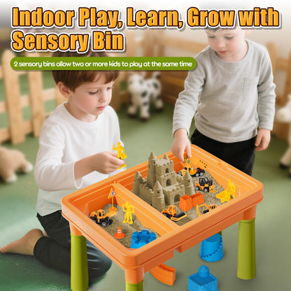 Lehoo Castle Sensory Table with Sensory Sand, Indoor Sensory Bin with Lid & 2.6lbs Play Sand, Construction Kit with 6 Alloy Trucks & Castle Molds, Sensory Toys for Toddler Boys and Girls
