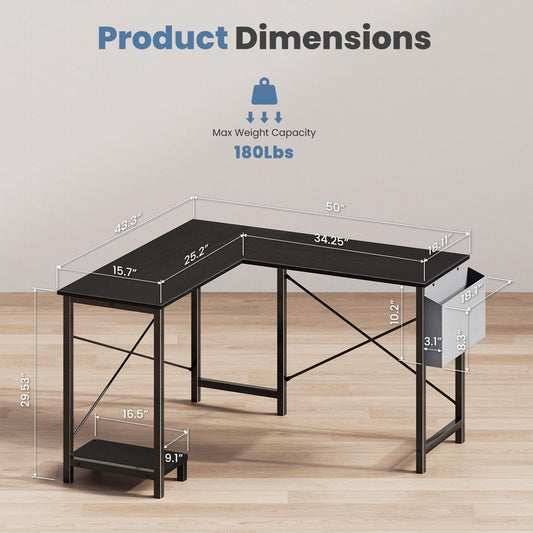DUMOS L Shaped Desk Computer Gaming Corner Table 50 Inch Home Office Writing Student Work PC Workstation with Side Storage Bag CPU Stand for Bedroom Small Spaces
