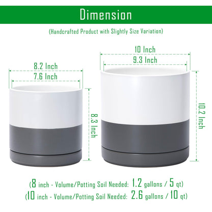 D'vine Dev 8.2 Inch & 10 Inch Ceramic Planter Pot for Plants with Drainage Hole and Saucer, Large Plant Pots Set, White/Speckled Grey, 94-G-L-6