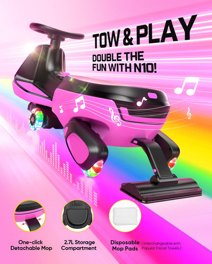 FanttikRide N10 Classic Electric Wiggle Car with Pedal, Type-C Rechargeable Battery, One-Click Detachable Mop, GlideWiz, Anti-Rollover, Flashing Wheels, Bluetooth, Ages 3+, 150 Lbs, Pink
