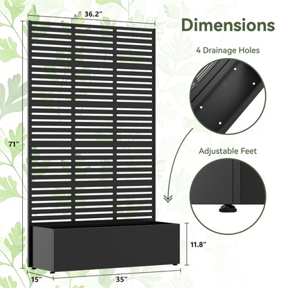COFaR 71" Tall Metal Planter Box with Trellis & Privacy Screen, Steel Raised Garden Bed with Drainage Holes & Adjustable Feet, Outdoor Planter for Climbing Plants, Patio, Deck, Balcony (Slatted)