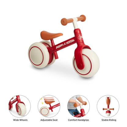 Radio Flyer Steady Start Balance Bike, Red, for Kids Ages 1-3, Pedal Free for Quick Learning, Wide Front and Dual Rear Tires, Tool-Free Adjustable Seat, Quiet Ride Wheels, Kid & Toddler Balance Bikes