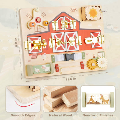 Joyreal Wooden Montessori Busy Board for 1 2 3 Year Old Toddlers, Farm Themed Sensory Toys for Kids, Fine Motor Skills Activity Board with Music Box & Latches, Learning Toys Gift for Autistic Children