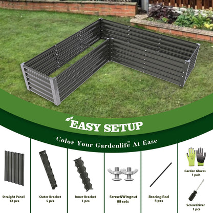 A ANLEOLIFE 2 Set L-Shaped Galvanized Raised Garden Beds Outdoor,74x74x18in Large Metal Planter Box for Planting Vegetables Flowers Herb, Anti-Rust & Easy-Setup, Quartz Grey