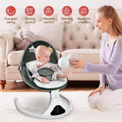 Electric Baby Swing with Remote Control - 5 Natural Motion Speeds, Detachable Seat Pad | Portable Infant Swing for Indoor/Outdoor Use (0-12M, 20lbs)(Green)