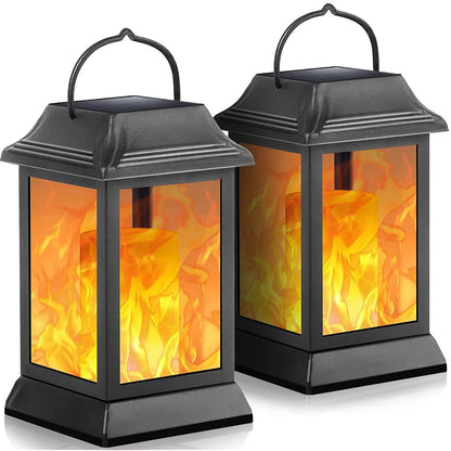 TomCare Solar Lights Metal Flickering Flame Solar Lantern Outdoor Hanging Lanterns Decorative Lighting Heavy Duty Solar Powered Waterproof Umbrella Lighting for Garden Yard Patio Deck, 2 Pack（Black）