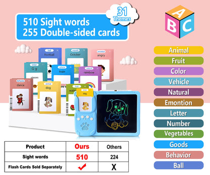 Rylai Toddler Toys Talking Flash Cards, Kindergarten Learning Resources 510 Sight Words with Drawing Tablet for Speaking Doodling, Sensory Toys for Kids with Autism, Boys Girls 2 3 4 5 6, Blue
