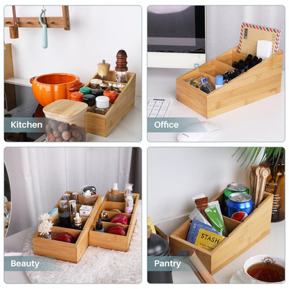 HTB 4-Section Snack Organizer with Removable Dividers for Kitchen, Cabinet, Office, Countertop, 2 Pack Bamboo Pantry Storage Organization for Spice Packets, Seasoning Pouches, Coffee Pods