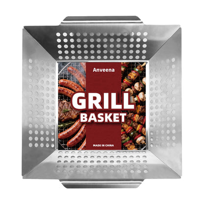 Anveena Grill Baskets 1 Pack Stainless Steel Grilling Basket for Indoor and Outdoor Use, Heavy Duty Vegetables Grill Basket for Veggies and Kabob, Suitable for All Grills, Dishwasher Safe