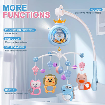ZFSZSY Crib Mobile with Music and Lights,Mobiles for Cribs, Baby Mobile Arm Toys Hanging for Girls Boys Infants 0-6 6-12 Months, Bassinets Nursery Musical Portable Mobile Clip On Pack and Play(Bule)