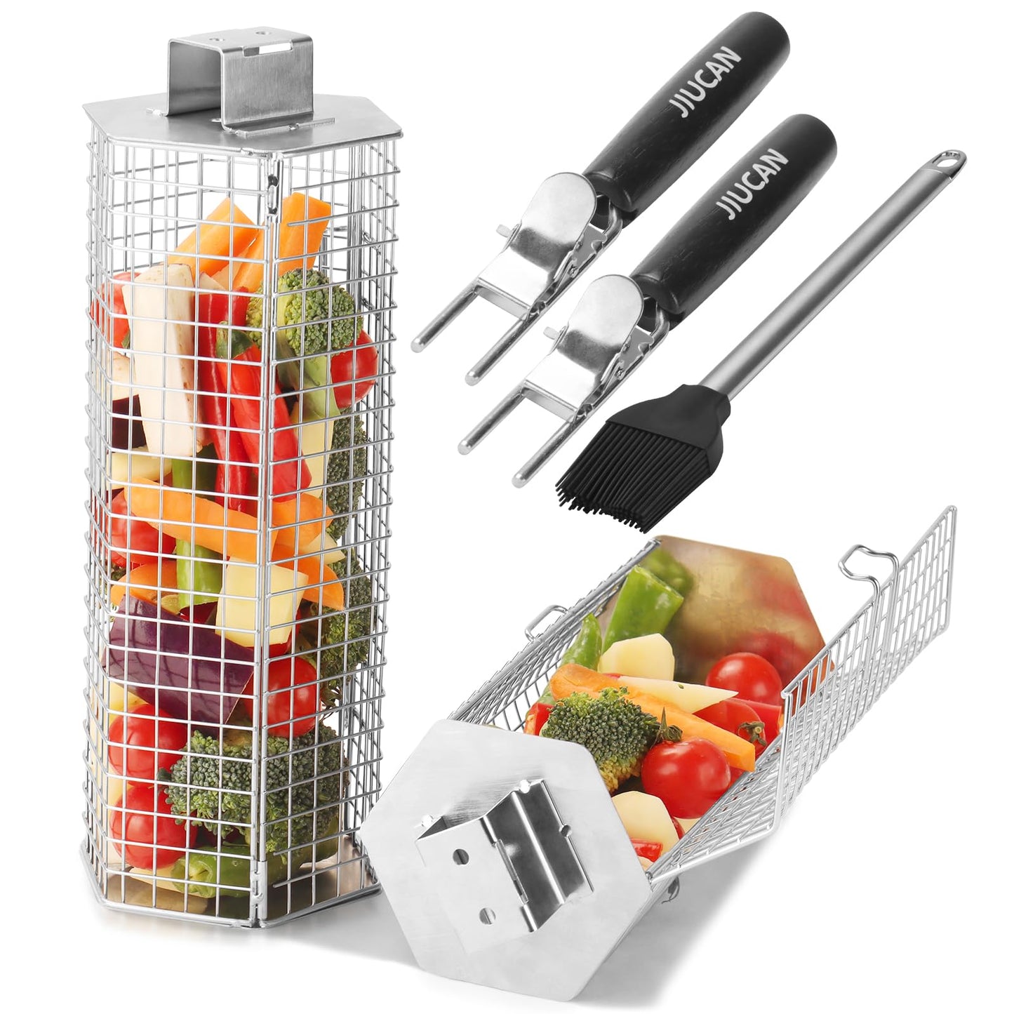 Grill Baskets Set, 2 PCS Stainless Steel Grill Baskets with Removable Wooden Handles, Nesting BBQ Tools, Hexagon Design for Outdoor Cooking Camping, Birthday Gifts for Men Dad Husband