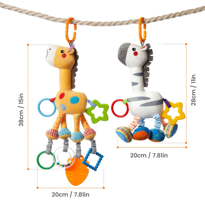 TUMAMA Hanging Toys, 16 inch Plush Animals Baby Rattle, Car Seat Stroller Toys, 2 Pack, Newborn - 12 Months, 2 x Plush Animal Hanging Toys (Giraffe, Zebra), Rings, Built-in Rattles and Crinkles