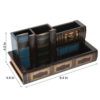 VERGOODR Decorative Pencil and Pen Holder with Storage Drawer, Wooden Desk Organizer Caddy, Antique Library Books Design Pen Cup for Office Supplies, Countertop, Desk,Table (Reddish brown)
