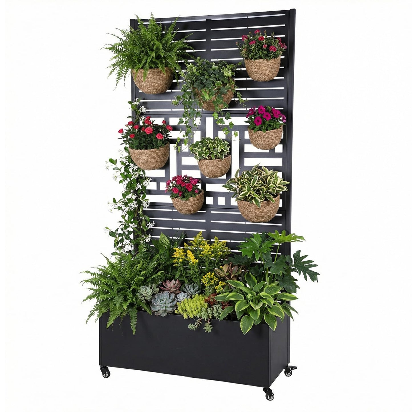 CervidomePro Metal Planter Box with Trellis Standing Planter Box for Climbing Plants/Vines Raised Garden Bed On Wheels 70.87x35.43x15.75 Inch