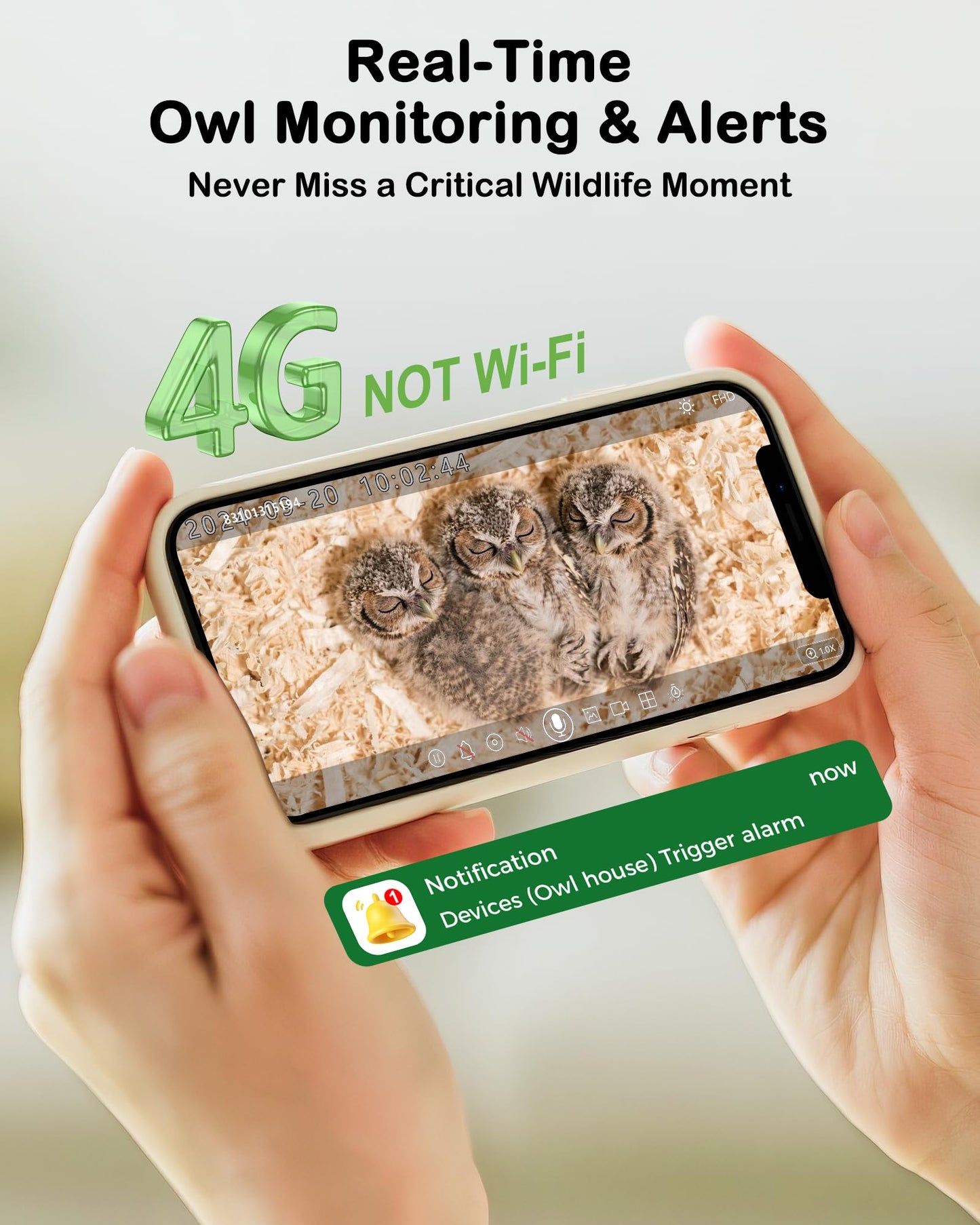 Owl House with Camera Solar Powered,4G Cellular, Anti-Corrosion Varnish Pinewood,Owls Nesting Box for Screech owl, 2K HD, Instant Alerts, Night Vision, APP Control,Nest Box for Outside（NOT WiFi）