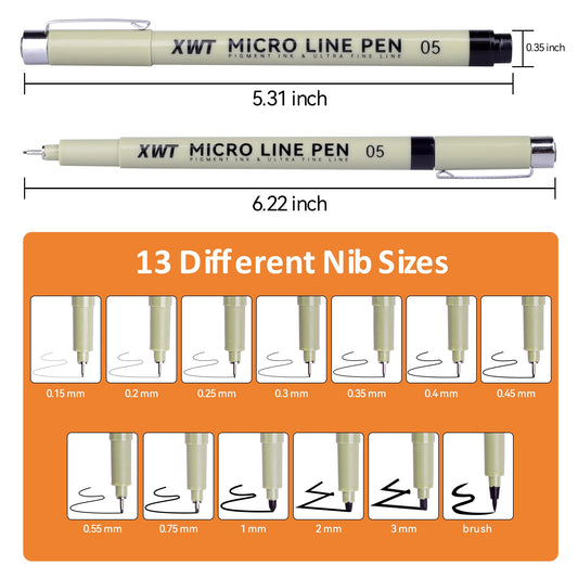 XWT 12+1 Fineliner Drawing Art Pens, Black Waterproof Pigment Ink Set for Artists, Sketching, Manga, Watercolor, Calligraphy, and Detail Outlining Archival Quality Inking Markers