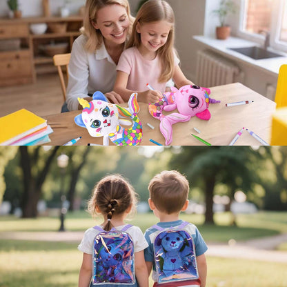 Stuffed Animal Coloring Plush Toy with 20 Washable Markers Laser Holographic Backpack Road Trip Car Game Writing Painting Set for Girls Doodle Dolls Kids Ages 3-6 Birthday(Pink Cat Mermaidr)