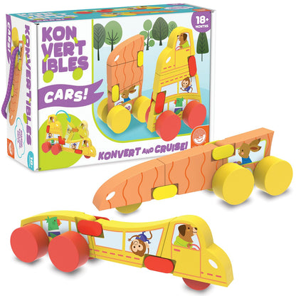 MindWare Konvertibles Transforming Wooden Cars – 2‑Piece Flip‑&‑Change Vehicle Set with Carry‑Along Box That Becomes 3‑D Road Scene, Toddler Toy for Ages 18 Months +