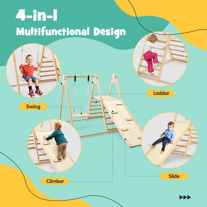 OLAKIDS Indoor Jungle Gym 4 in 1 Foldable Toddler Wooden Montessori Baby Climbing Toys with Swing Slide Ramp Ladder for Kids Playground Climb Activity Play Structure