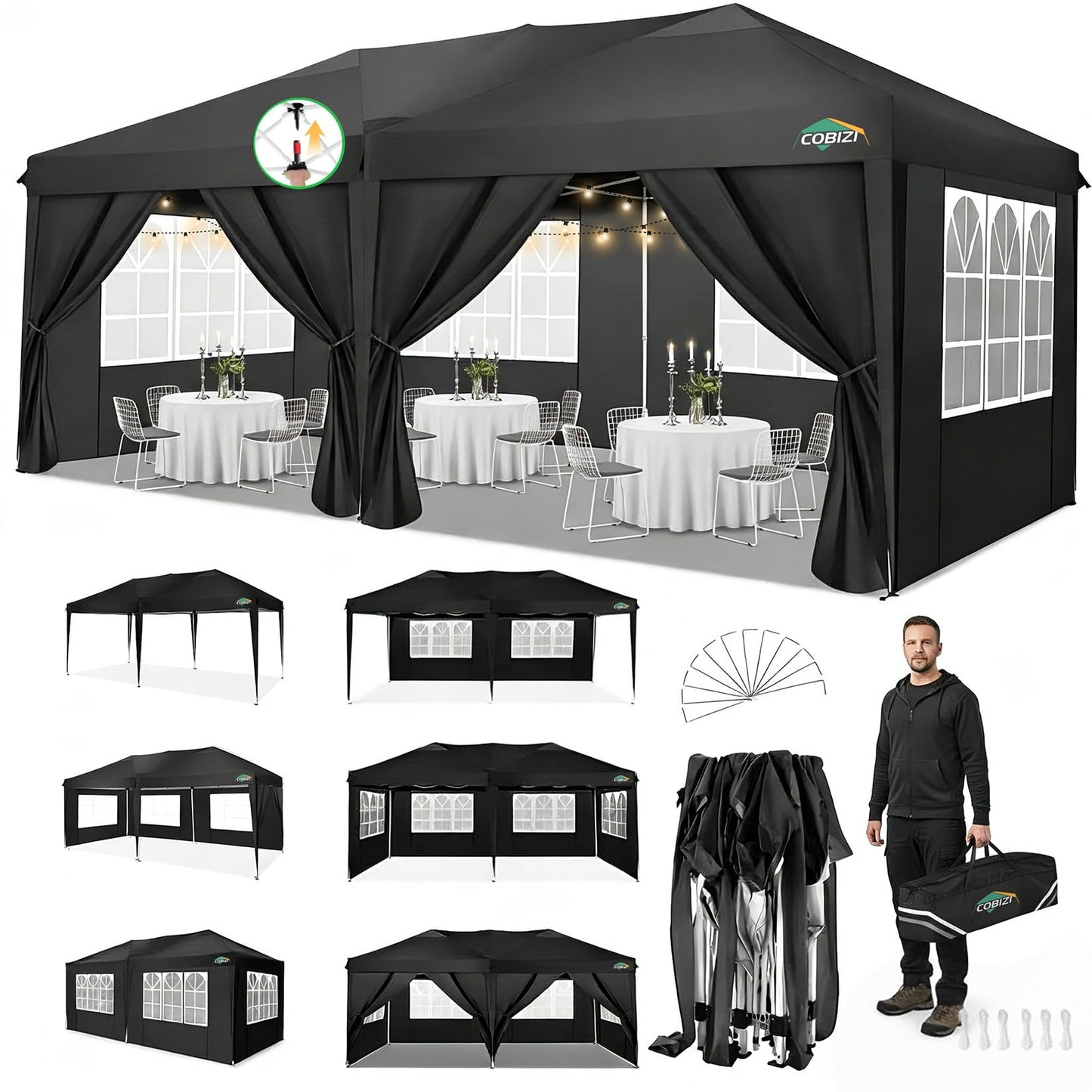 COBIZI 10x20 Pop Up Canopy Tent Commercial Instant Shelter with 6 Sidewalls, Durable Waterproof Portable Gazebo UPF 50+ for Outdoor Party, Wedding, Vendor Events (Black)