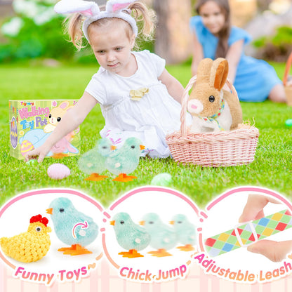 Tagitary Easter Plush Bunny Toys for Kids,Hopping Interactive Rabbit with Leash and Wind Up Toys,That Making Sounds,Wiggling Ears,Twitching Nose,Easter Basket Stuffers Gift for Toddlers