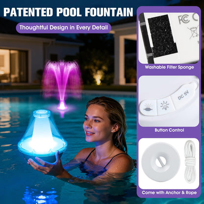 2026 Pool Fountain with Remote,Rechargeable Floating Pool Fountains with 10 Light Show,Pool Water Fountain Pump with Anchor,3 Spray Modes Swimming Pool Fountains for Inground Above Ground Pool-White