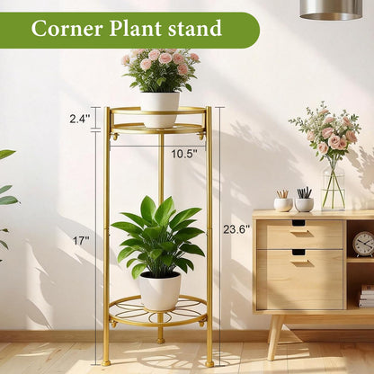 2 Tier Metal Plant Stand, Sturdy Heavy Duty Adjustable Two Tier Flower Pot Holder for Indoor Outdoor, Small Spaces, Balcony, Kitchen, Living Room, Patio - Tall Plant Shelf for Succulents, Heavy Pots, Potted Herbs （Gold）