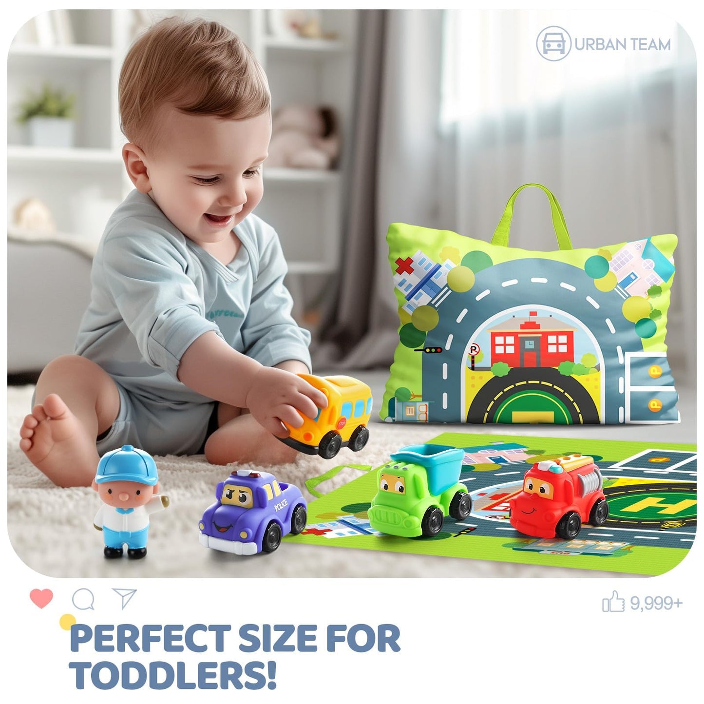 bessome Soft Rubber Toy Figure Car for 1 Year Old Boy with Playmat (Storage Bag)|12 PCS Cartoon Cars Baby Toys for 12-18 Months & Toddler Age 1-2|First Birthday|Gift for 1 2 3 Year Old Boy