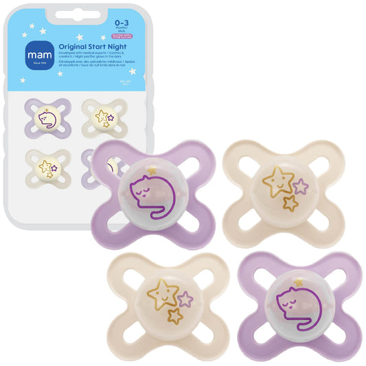 MAM Original Start Baby Pacifiers 0-3 Months, BPA-Free Skin Soft Silicone Nipple, Glows in The Dark, Developed with Medical Experts Specially for Smaller Newborn Mouths, 4 Pk, Made in Europe